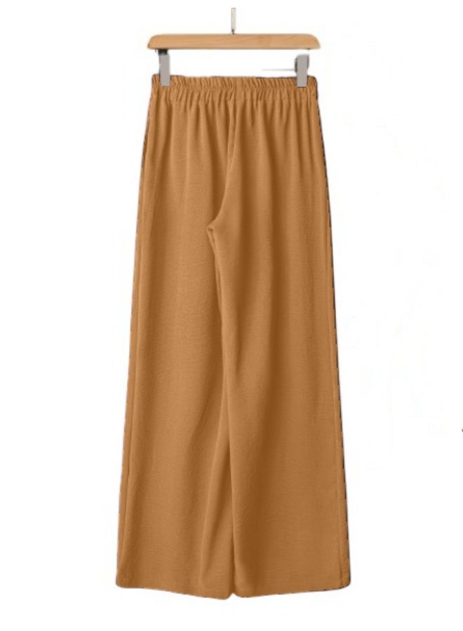 بنطلون نسائي واسع الساقين، بخصر مطاطي ورباط، مقاس حر، مناسب للارتداء اليومي. - Image 2